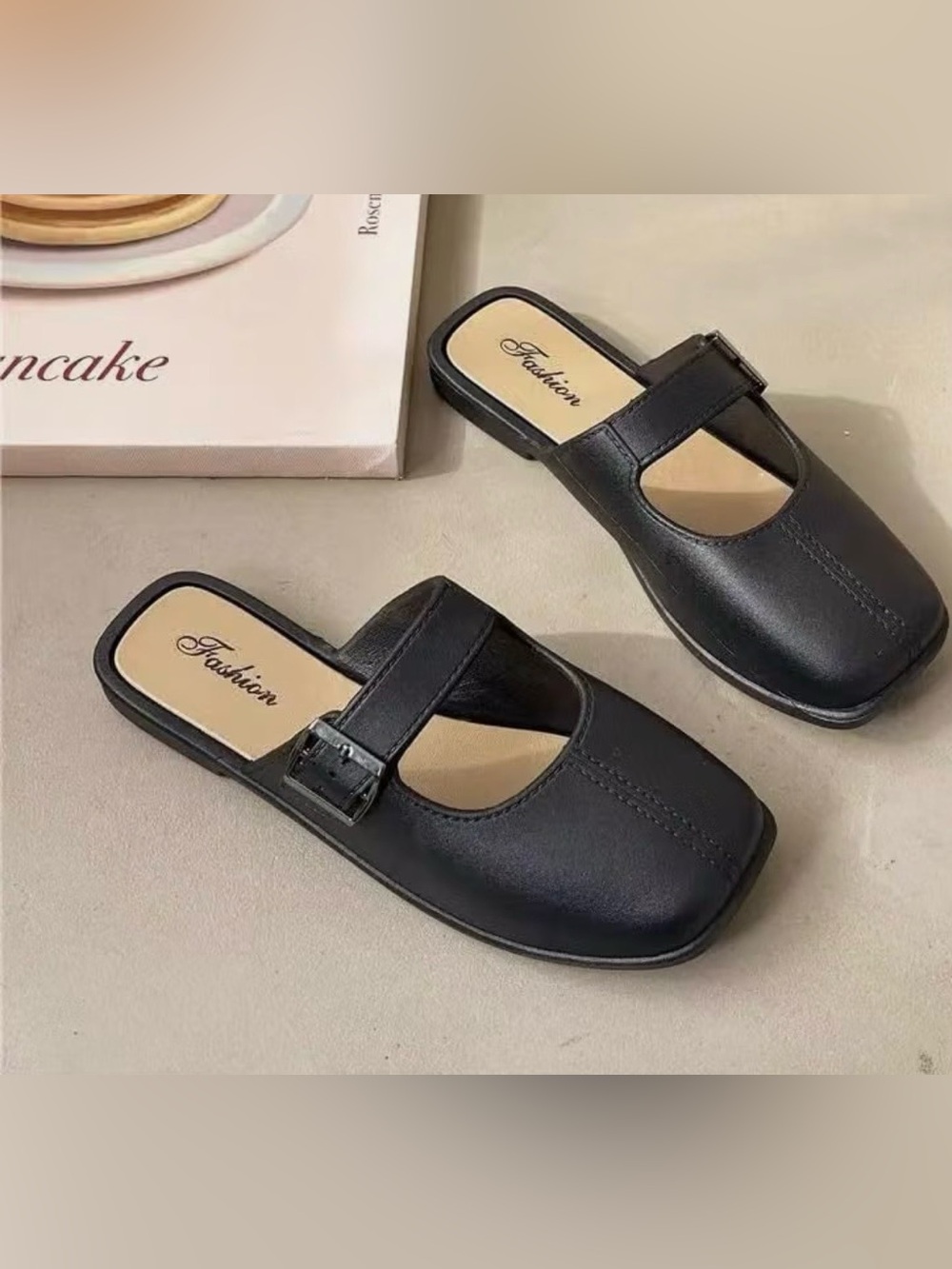 Black Womens Square Toe Slide Mules